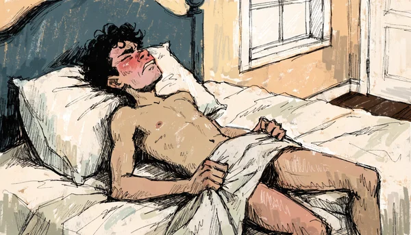 Homme en pleine extase sexuelle, visage fermé, corps crispé par l'orgasme dans un lit