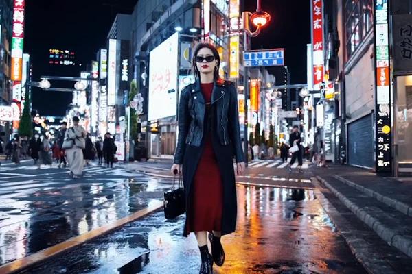 Une femme en costume urbain marchant dans une ville nocturne sous la pluie.