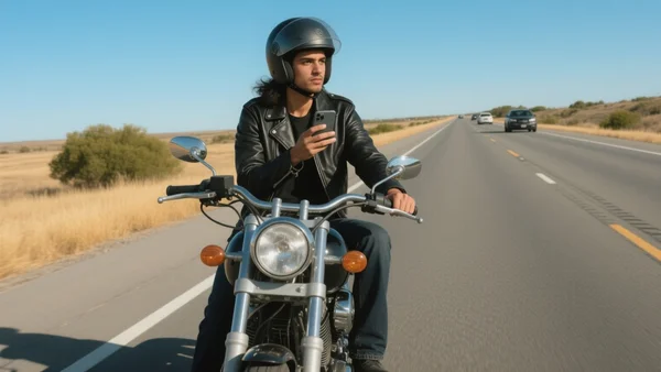 Motard roulant sur une route américaine ensoleillée, une main sur le guidon et l'autre tenant un smartphone, circulation légère au loin