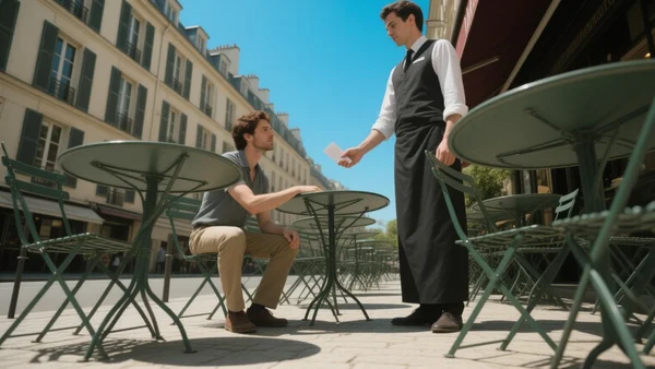 Terrasse de café parisienne ensoleillée avec tables rondes et chaises en fer forgé, serveur tenant une addition devant un client assis, vue en contre-plongée depuis la rue