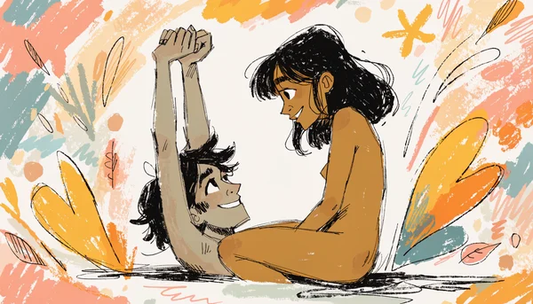 Homme allongé sur le dos, les poignets tenus au-dessus de la tête par une femme assise à califourchon sur son bassin, lumière tamisée