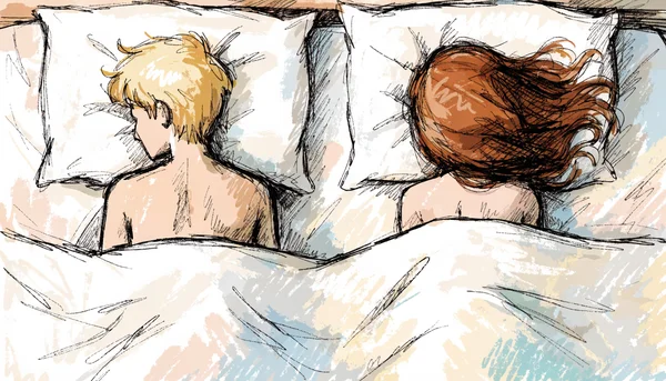 Homme et femme allongés sur un lit, tournés dos à dos, chacun regardant de son côté sous les draps blancs