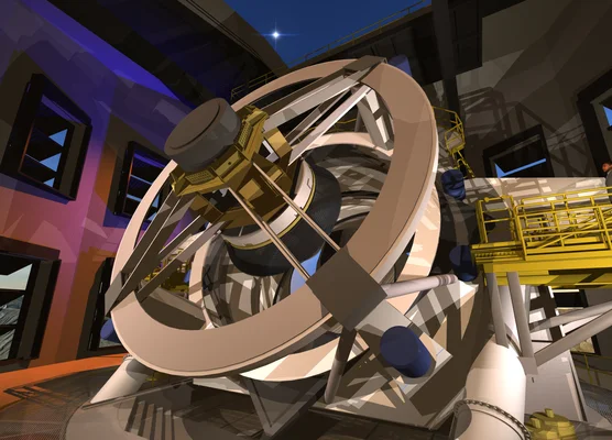 Conception artistique du télescope LSST à l'intérieur du dôme de l'observatoire Rubin