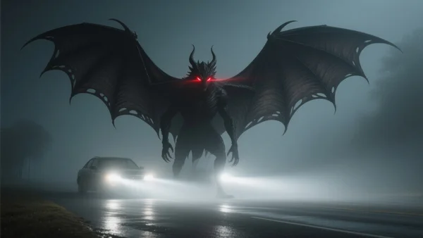 Une grande créature noire aux ailes immenses déployées, debout près de phares de voiture dans une nuit brumeuse, deux yeux rouges lumineux fixant l'objectif