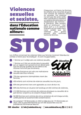 Infographie de SUD éducation dénonçant les violences sexuelles et sexistes avec des statistiques et un appel à l'action STOP.