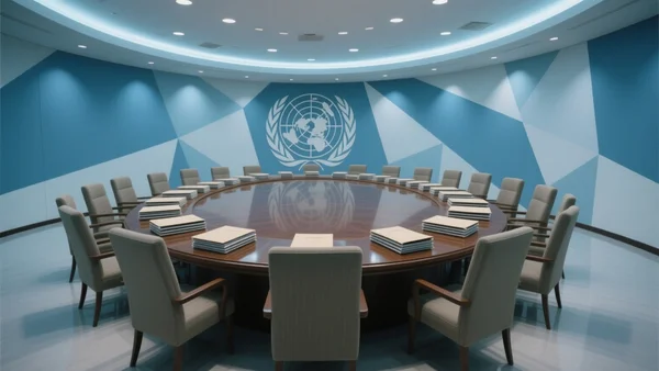 Salle de réunion du Conseil de sécurité de l'ONU avec des dossiers fermés sur la grande table circulaire, chaises vides, éclairage tamisé aux tons bleus