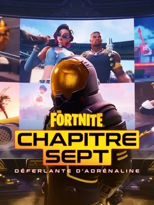 Visuel officiel de Fortnite Chapitre Sept avec un personnage en casque doré sur fond d'éléments thématiques du jeu.