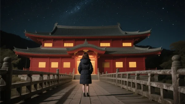 Jeune fille debout face à un immense bâtiment traditionnel rouge la nuit, lumières dorées aux fenêtres, pont en bois au premier plan, ciel étoilé
