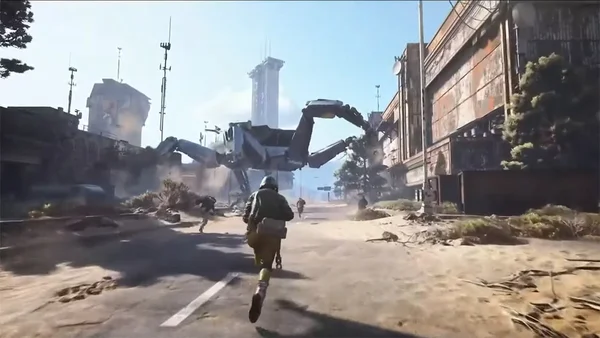 Scène d'action dans Arc Raiders face à un robot araignée.