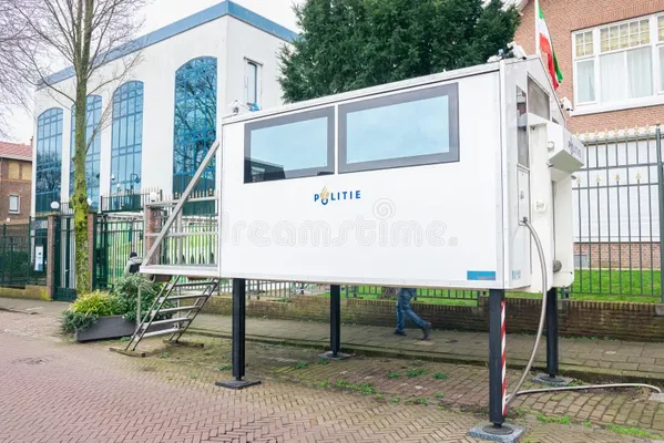 Unité de surveillance de la police néerlandaise installée devant un bâtiment moderne.