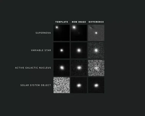 Résultats d'alerte de l'observatoire Vera Rubin montrant la détection de quatre phénomènes : supernova, étoile variable, noyau galactique actif et objet du système solaire.