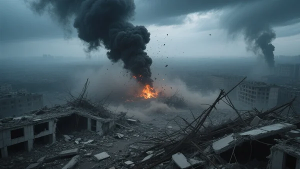Ruines dévastées d'une ville sous la fumée noire d'une explosion, décombres de béton éparpillés, ciel menaçant