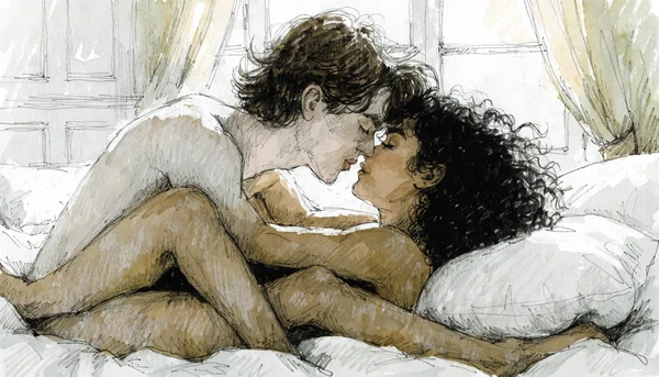 Position du missionnaire modifiée technique CAT, homme et femme allongés face à face, bassin de l'homme avancé pour frotter le pubis contre le clitoris de la femme sans pénétration profonde, contact des corps serré