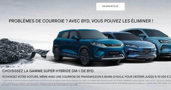 Promotion BYD mettant en avant une offre de reprise et l'absence de courroie.