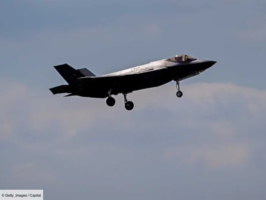 Un avion de combat F-35 en vol avec son train d'atterrissage déployé.