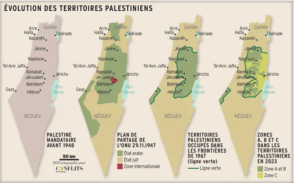 Carte historique en quatre étapes illustrant l'évolution territoriale palestinienne de 1948 à 2023.