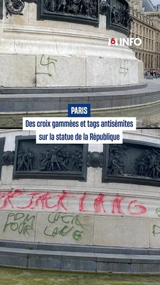 Croix gammées et tags antisémites peints en rouge et vert sur le socle du monument.