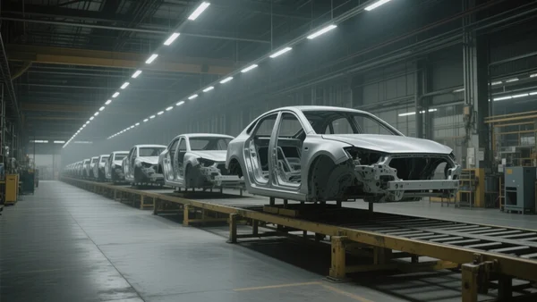 Vue d'une chaîne de montage automobile à l'arrêt, avec des carrosseries inachevées alignées sous un éclairage industriel, l'atelier est vide de travailleurs et dégage une atmosphère calme