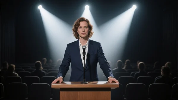 Scène de conférence avec projecteurs lumineux braqués sur un podium face à une salle bondée de silhouettes, ambiance sombre et théâtrale