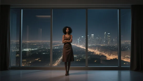 Intérieur d'une suite immense avec de grandes fenêtres, woman en robe debout au milieu de la pièce, bras croisés, silhouette solitaire devant un paysage urbain nocturne éclairé par des lueurs lointaines