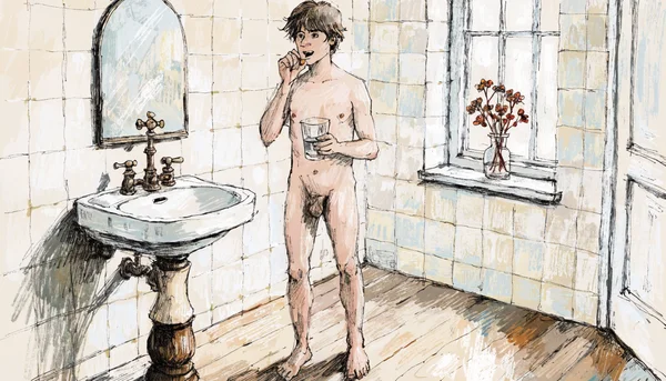 Homme nu debout prenant un comprimé avec un verre d'eau dans sa salle de bain