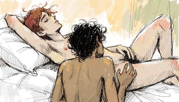 Fellation profonde, la tête d'un homme contre l'aine de son partenaire nu, les deux sont allongés sur un lit blanc