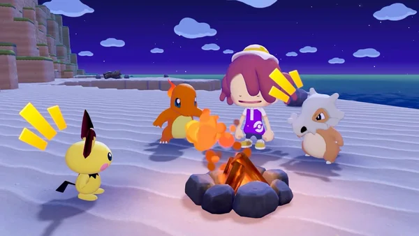 Ambiance nocturne au coin du feu avec un personnage et des Pokémon sur une plage sous le ciel étoilé.