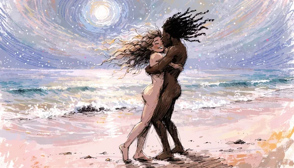 Couple nu sur une plage de sable fin la nuit, éclairé par la lumière de la lune et des étoiles, enlacé dans une étreinte passionnée