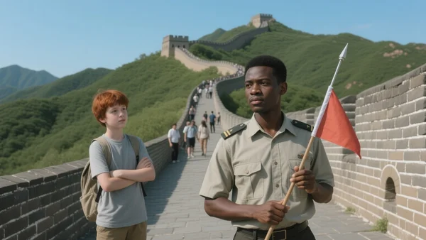 Groupe de jeunes Taïwanais visitant la Grande Muraille de Chine, guide leur faisant face, ciel bleu, atmosphère de voyage organisé