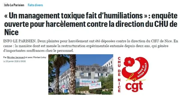 Article du Parisien annonçant l'enquête pour harcèlement contre la direction du CHU de Nice