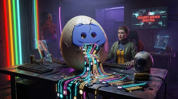 Scène futuriste montrant un œuf au logo Discord fissuré avec du code et une alerte de sécurité
