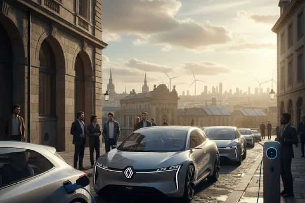 Des Renault électriques argentées sur une rue pavée avec des bâtiments historiques et des éoliennes à l'horizon.