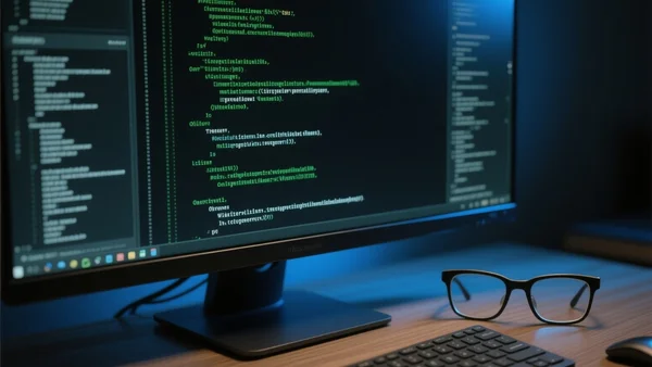 Premier plan d'un écran d'ordinateur affichant des lignes de code et du texte défilant rapidement dans une interface sombre, reflet bleuté sur des lunettes posées à côté