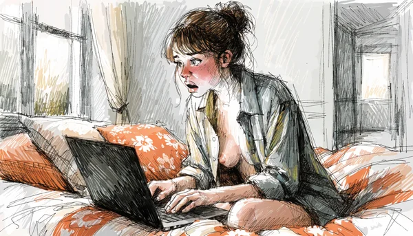 Personne découvrant un historique de navigation sur un ordinateur portable, expression de choc et de déception