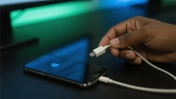 Gros plan sur un iPhone éteint posé sur une surface sombre, une main humaine floue en arrière-plan tenant un câble connecté, ambiance d'espionnage numérique