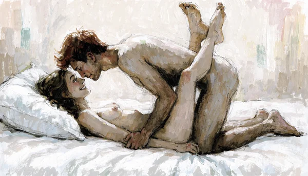 Pénétration vaginale en missionnaire, homme et femme nus sur un lit blanc, main de l'homme appliquant du lubrifiant transparent sur l'entrejambe de la femme