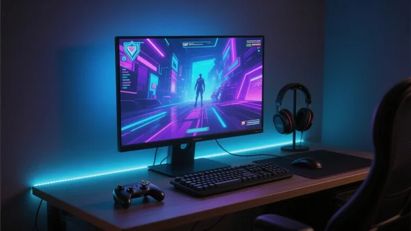 Interface de jeu Fortnite affichant un achat de V-bucks avec un prix en euros, écran lumineux de console ou PC en arrière-plan, ambiance de jeu en soirée