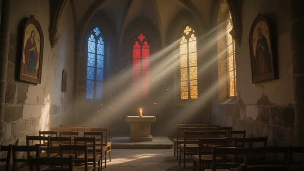 Intérieur d'une petite chapelle parisienne silencieuse, rayons de lumière filtrant à travers des vitraux colorés, rangées de chaises en bois vides, atmosphère recueillie et poussiéreuse