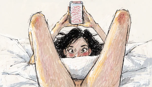 Vue en contre-plongée d'une main tenant un smartphone, l'écran affiche une capture d'écran floutée d'une conversation avec des preuves entourées en rouge