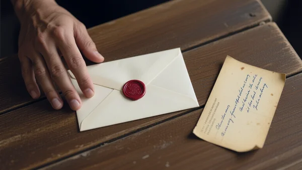 Vue de dessus d'une main tenant une enveloppe fermée avec un sceau de cire rouge posée sur une table en bois à côté d'une vieille carte postale ouverte avec une adresse visible