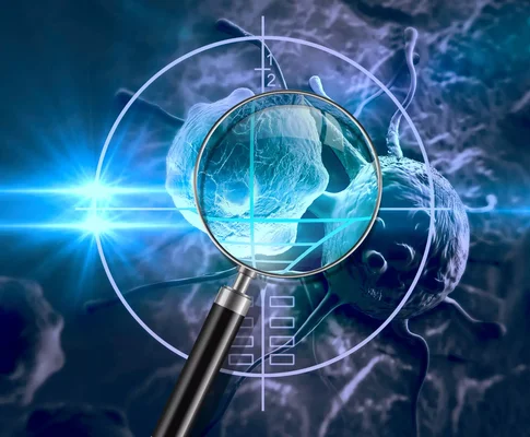 Illustration numérique d'une cellule bleue translucide observée à la loupe