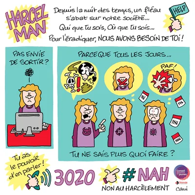 Affiche de campagne contre le harcèlement scolaire réalisée par des collégiens de Gironde, avec le numéro d'écoute 3020.