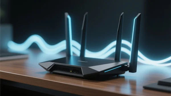 Routeur Wi-Fi moderne de design futuriste posé sur un bureau, avec des ondes lumineuses bleues et blanches émanant des antennes, fond sombre et flou