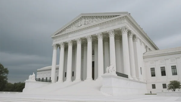 Façade du bâtiment de la Cour suprême des États-Unis à Washington, vue de trois quarts avec ses colonnes blanches et l'inscription gravée au fronton, ciel gris et marches monumentales au premier plan