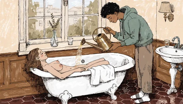 Femme allongée sur le dos dans une baignoire, recevant une douche dorée sur son ventre et son pubis, partenaire debout au-dessus d'elle