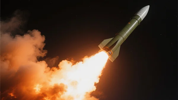 Vue en contre-plongée d'une fusée militaire décollant dans la nuit, panache de fumée et de feu illuminant le ciel sombre