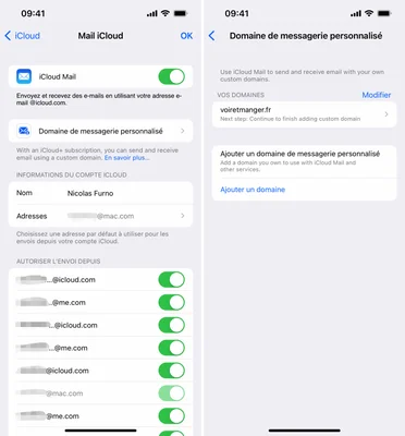 Paramètres de l'application Mail iCloud montrant les options de compte et la configuration d'un domaine personnalisé.