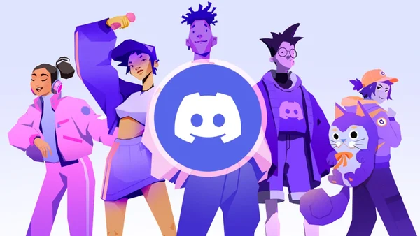 Illustration stylisée de cinq personnages aux tons violets et roses autour du logo Discord