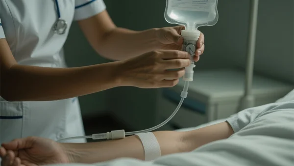 Plan serré des mains d'une infirmière ajustant une perfusion sur un bras de patient, lumière douce et tamisée d'une chambre d'hôpital, atmosphère apaisante et professionnelle