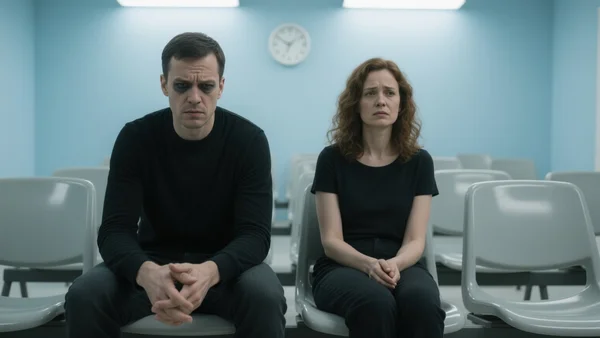 Parents assis dans une salle d'attente d'hôpital, visage marqué par l'inquiétude et la fatigue, regardant fixement devant eux, lumière blanche et stérile